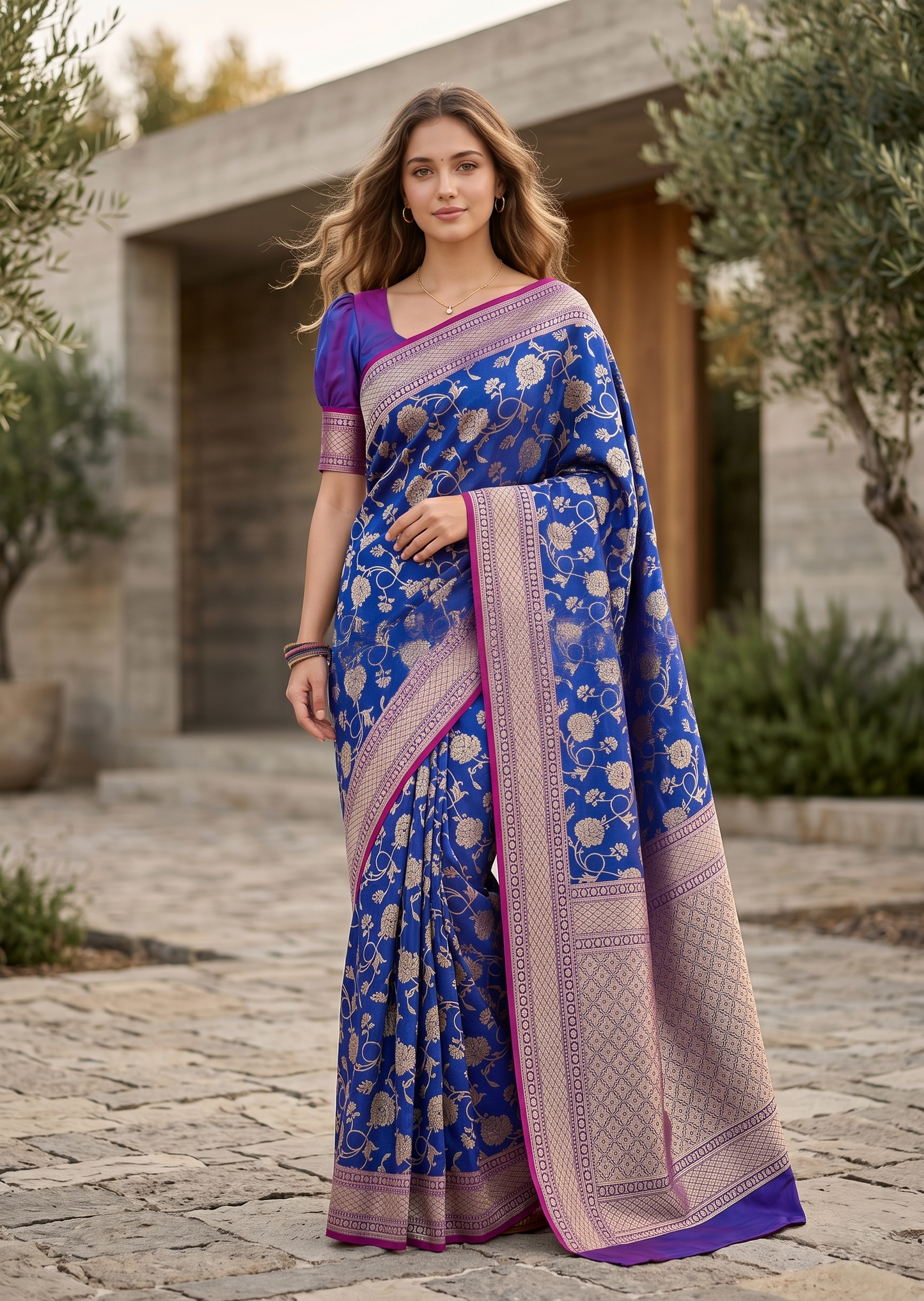 Southloom Pure Banarasi Silk Saree with Woven Work on Body and Borders (Blue And Magenta)