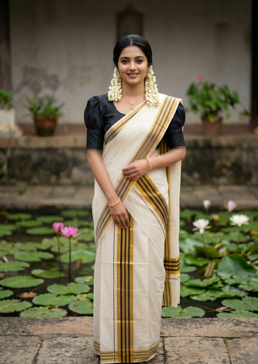 Southloom Pure Cotton Set Mundu with Gold Kasavu and Black Border in 2.80 Mtrs