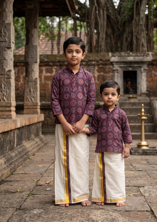 Southloom Cotton Ajrakh Printed Kids's Combo (Shirt + Velcro Mundu) SLKCOMBO SL605