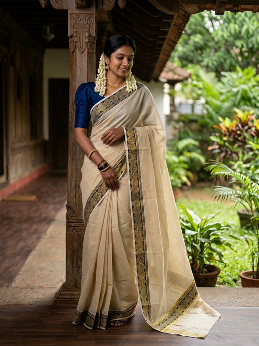 Southloom Kerala Tissue Kasavu Plain Saree Blue Hand Printed SL350