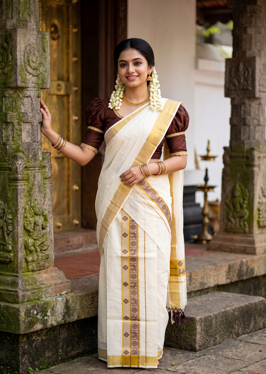 Southloom Kerala Cotton Kasavu Single Set Mundu (Mundum Neriyathum) with Peacock Design in Brown SL527
