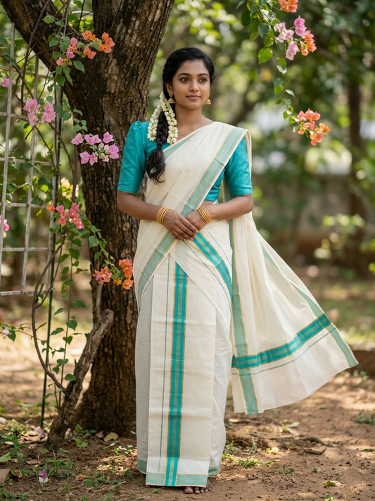 Kerala Cotton Kasavu Single Set Mundu (Mundum Neriyathum) with Turquoise Border in 2.80 Mtrs