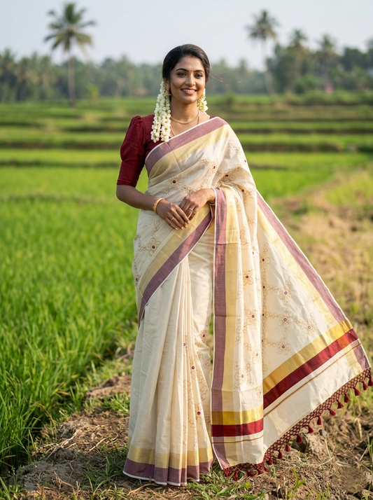 Kerala Tissue Kasavu Stripes Saree with Gold and Maroon Floral Embroidery Design on Body SL269