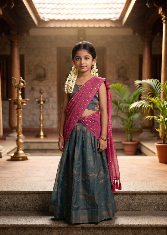 Southloom Stitched Organza Dhavani Set with Pavada and Blouse Piece in Peacock Green SL595