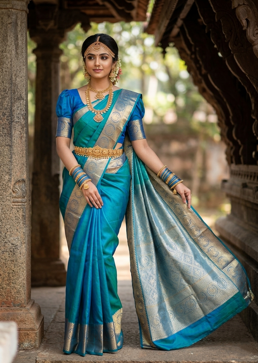 Southloom Pure Handloom Bridal Kanchipuram Silk Saree with Korvai Work (Blue)