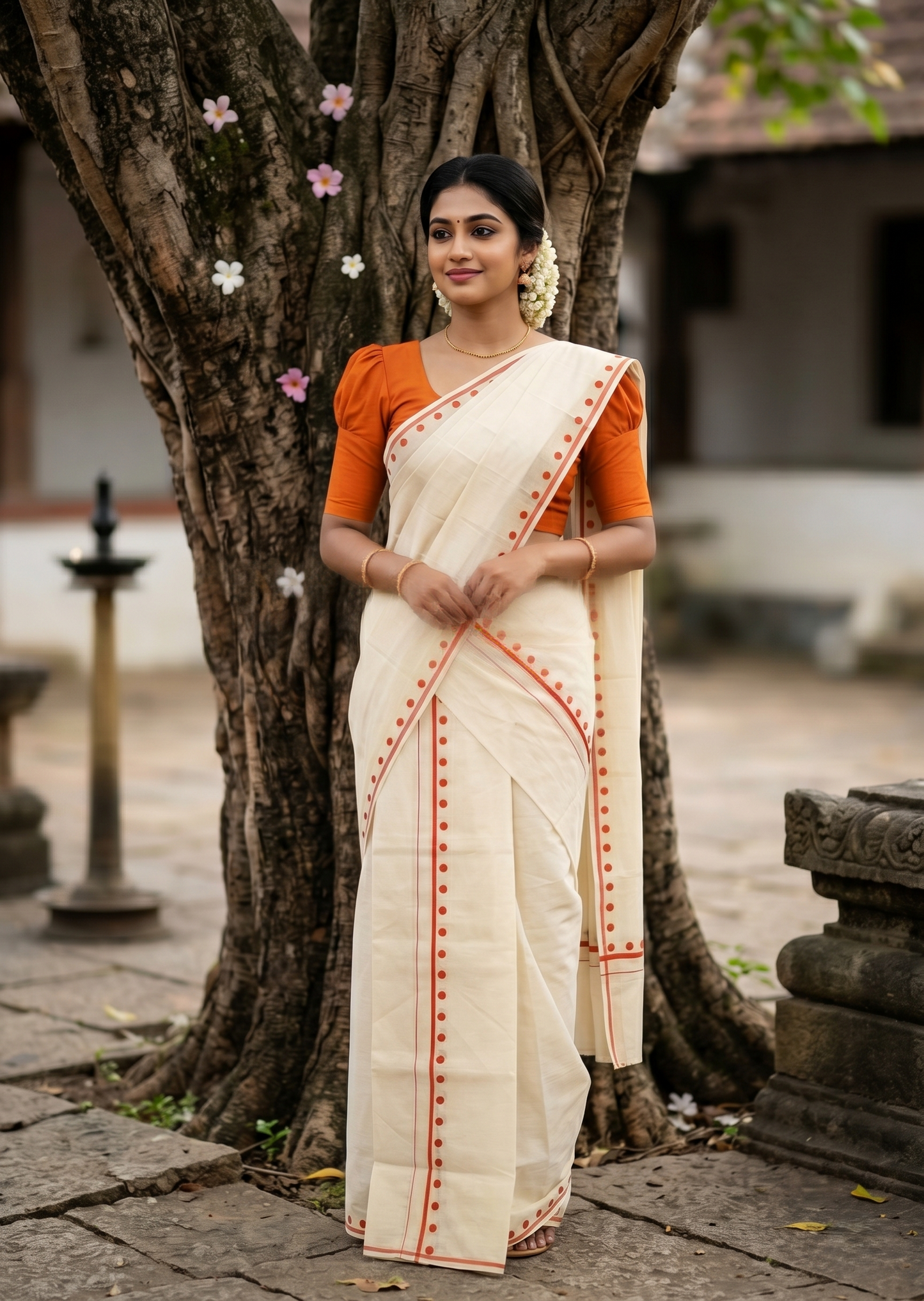 Southloom Pure Cotton Kerala Single Set Mundu (Mundum Neriyathum) with Polka Dots in Orange 2.80 Mtrs SL358