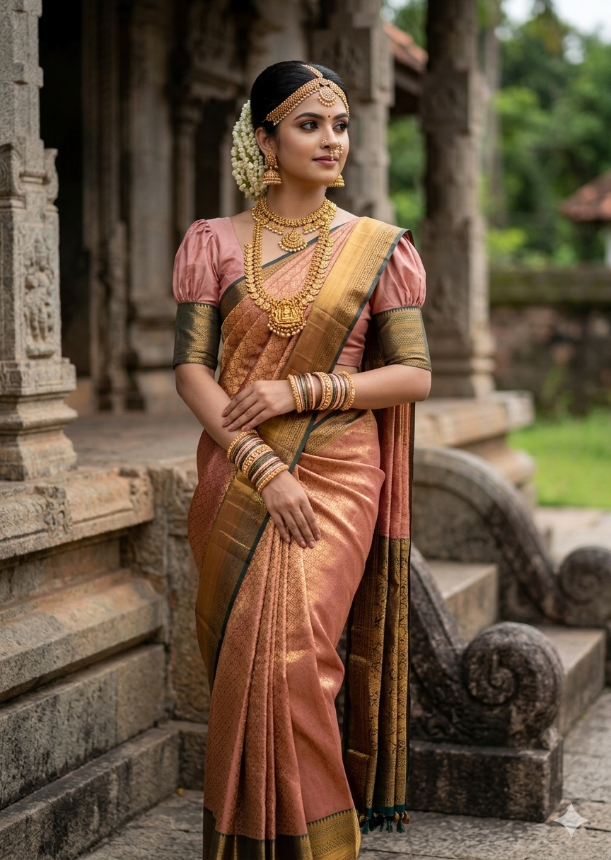 Southloom Premium Semi Silk Zari Work Brocade Saree in Bridal Peach with Matching Pallu