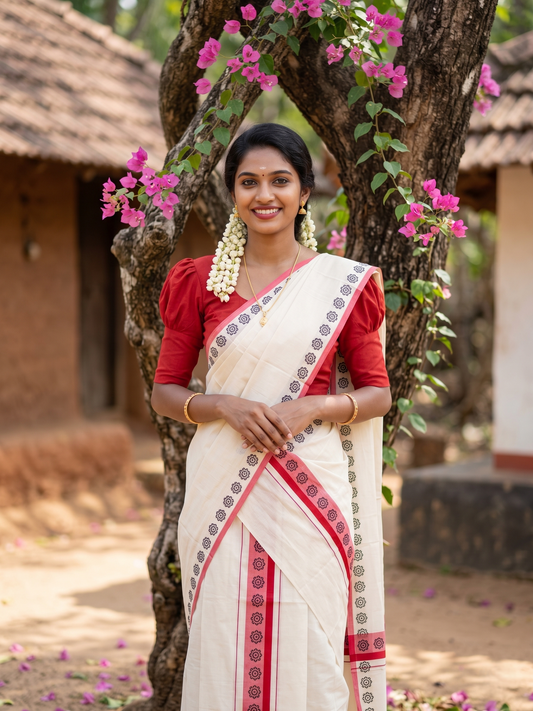 Southloom Kerala Mulloth Cotton Single Mundum Neriyathum with Digital Prints in Red 2.80 Mtrs SL378