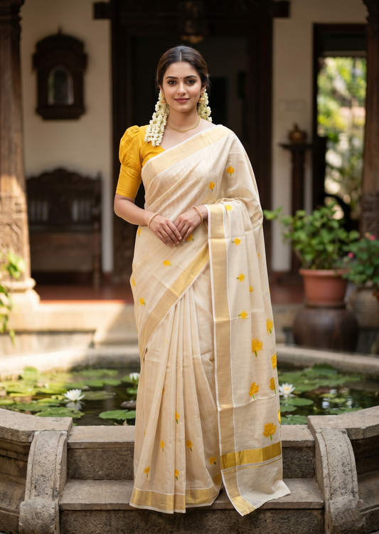Southloom Kerala Tissue Kasavu Lines Saree with Yellow Floral Embroidery Design on Body