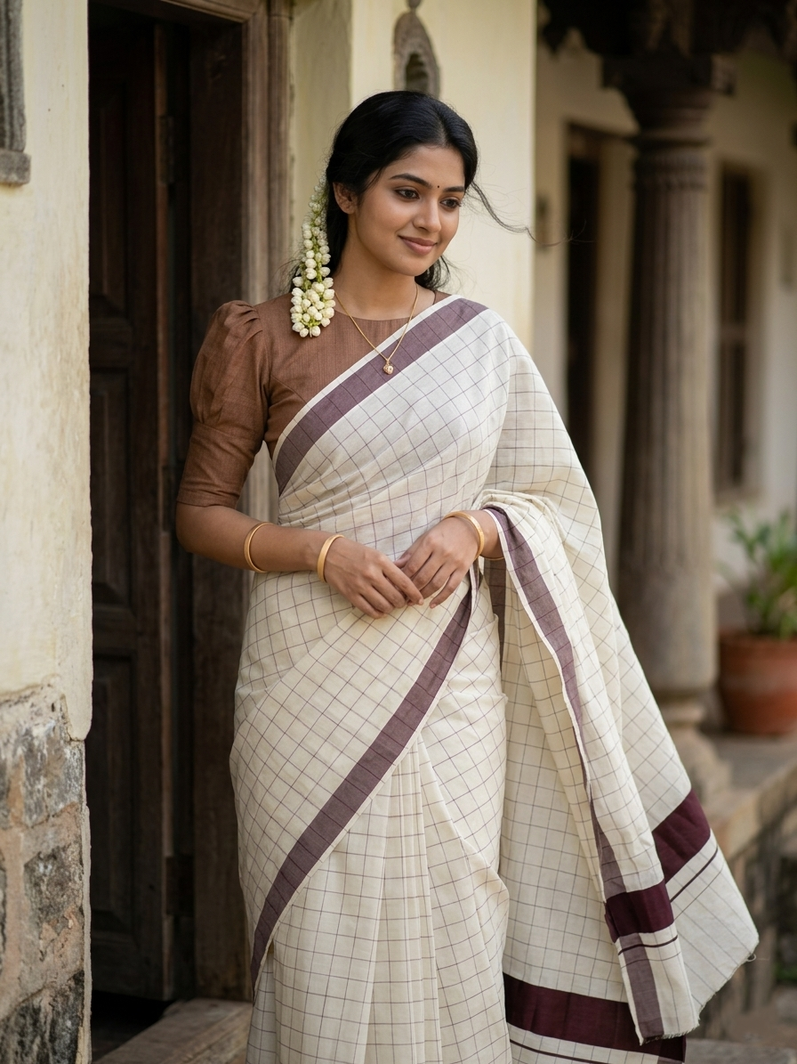 Pure Cotton Kerala Saree with Brown Check Designs Across Body