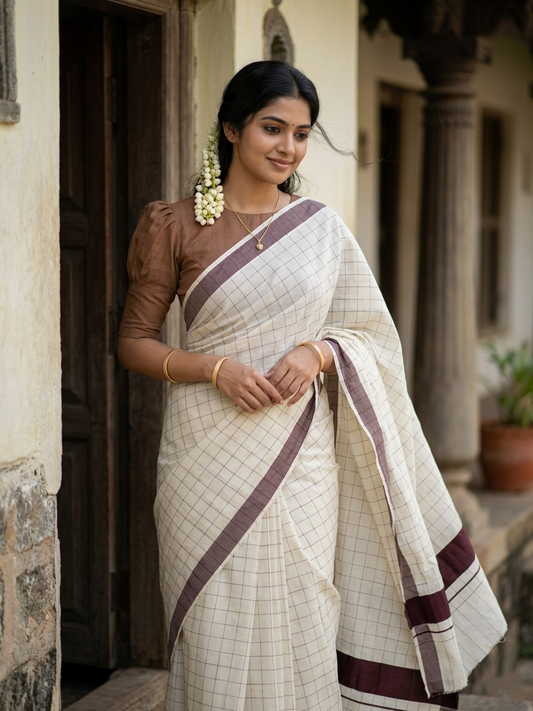 Pure Cotton Kerala Saree with Brown Check Designs Across Body