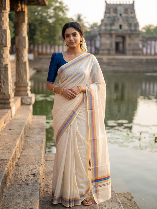 Southloom Kerala Cotton Kasavu Saree with Micro Check Design on Body in Blue & Purple Border SL481