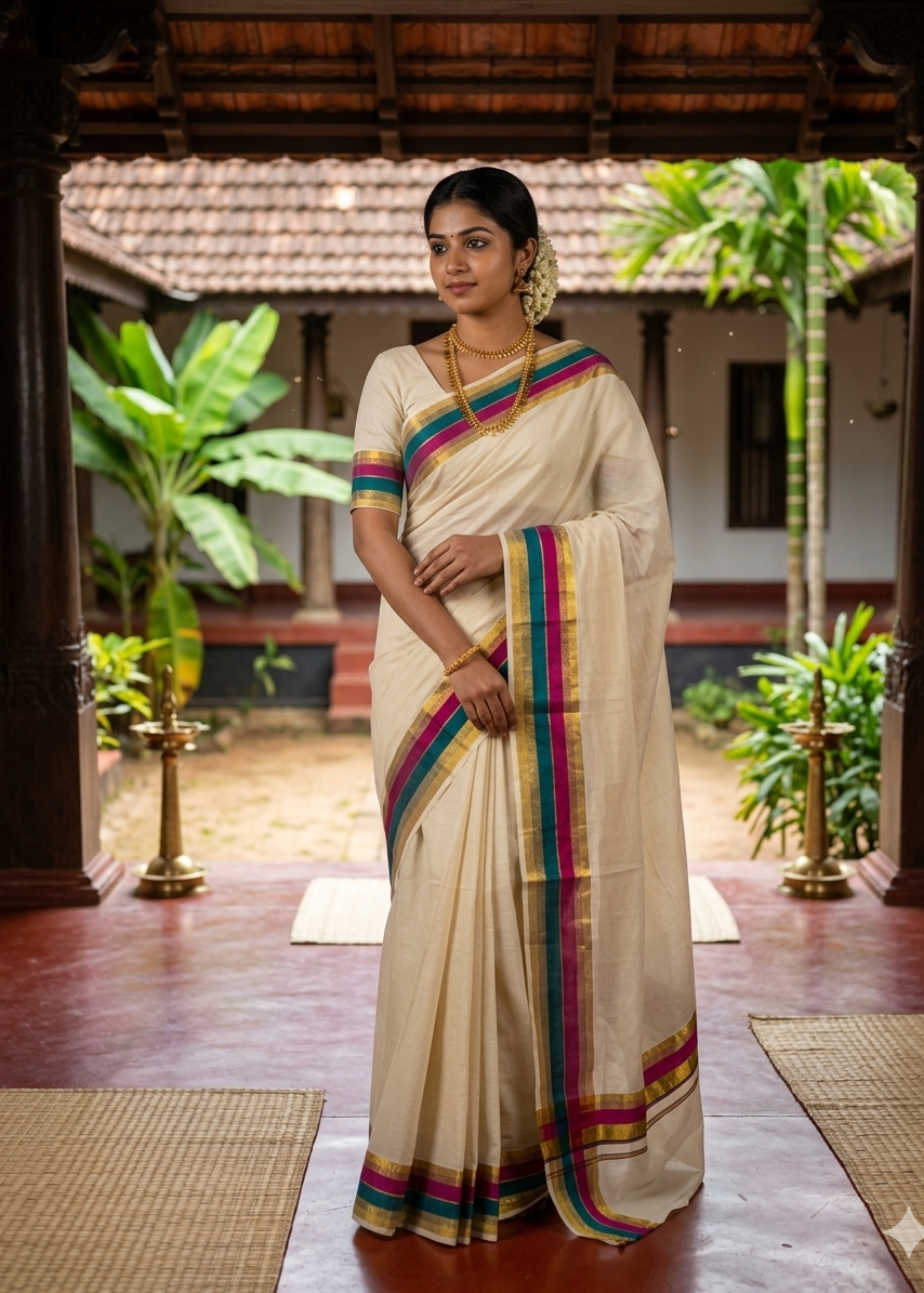 Kerala Cotton Kasavu Saree With Blue and Magenta Border SL443