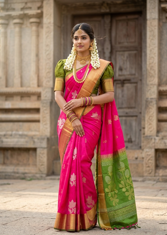 Southloom Pure Handloom Bridal Kanchipuram Silk Saree with Korvai Work (Green & Pink)