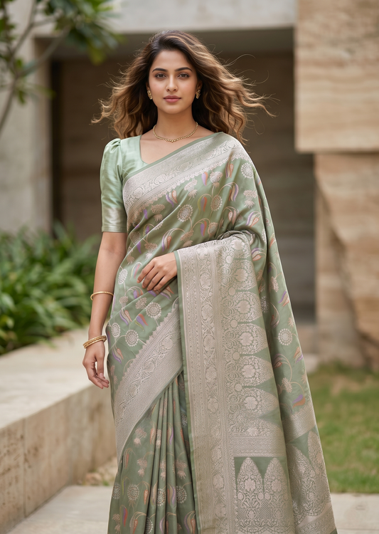 Southloom Pure Banarasi Silk Saree with Woven Work on Body and Borders (Pastel Green)