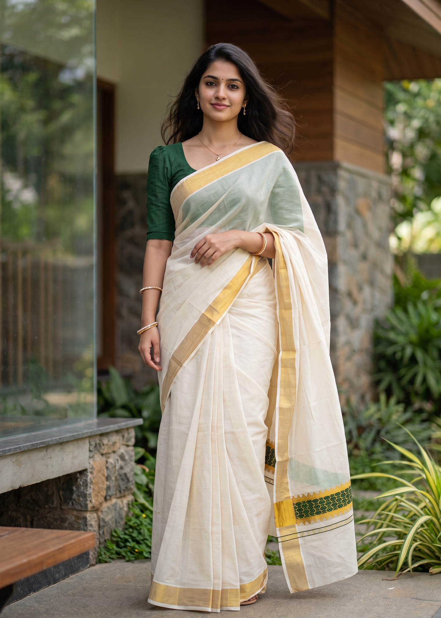Southloom Kerala Cotton Saree (Green) SL452