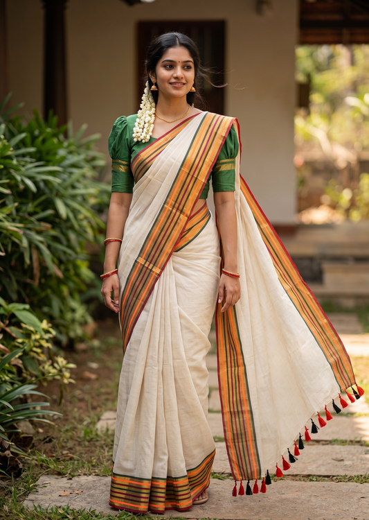 Southloom Mul Cotton 120 x 120 Soft Fabric Saree with Green&Orange Border SL215