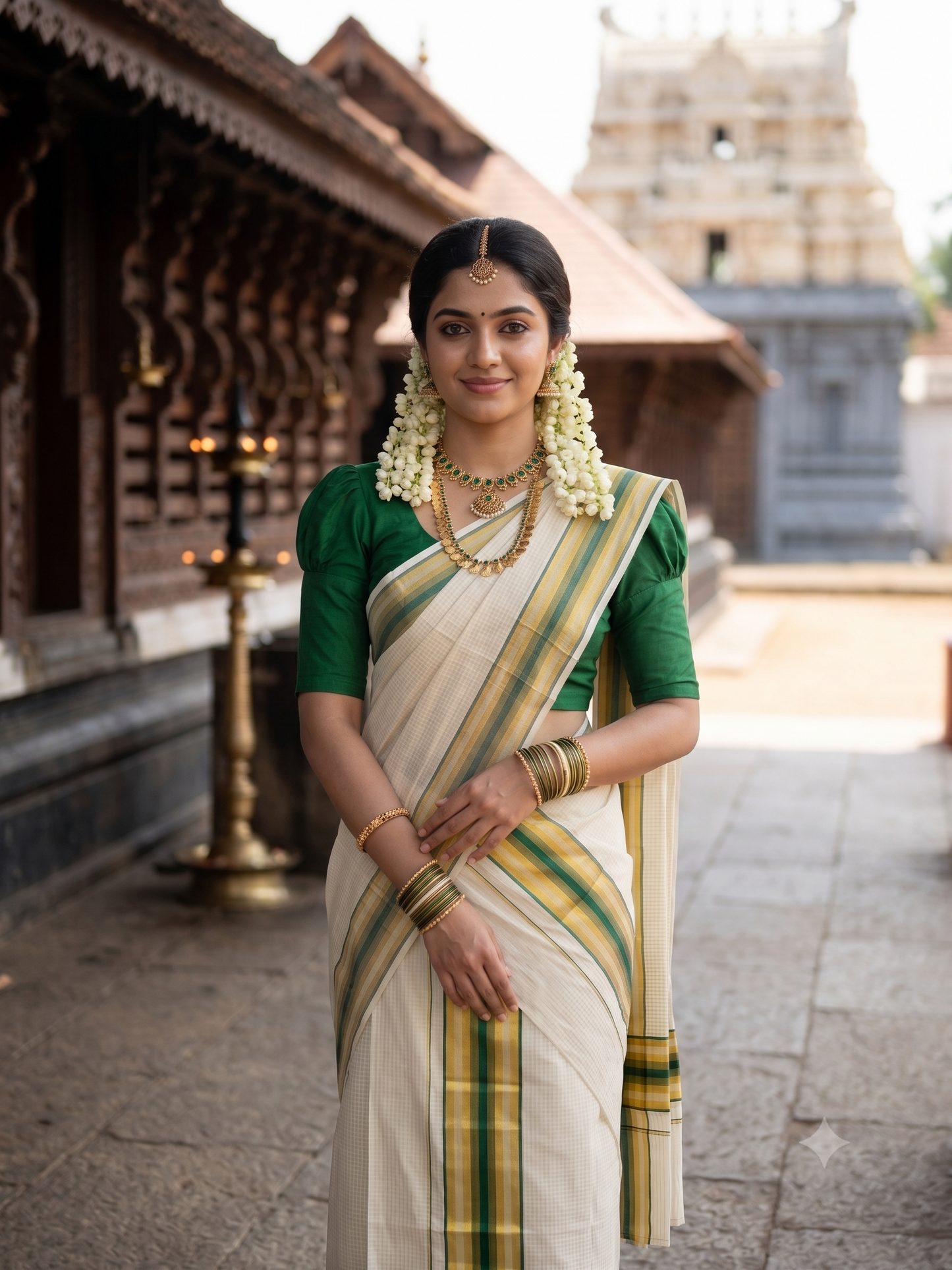 Southloom Pure Cotton Mundum Neriyathum (Set Mundu) with Gold Kasavu Check Acorss Body & Green Borders on the Kasavu  2.80 Mtrs SL517