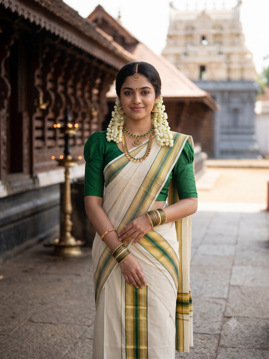 Southloom Pure Cotton Mundum Neriyathum (Set Mundu) with Gold Kasavu Check Acorss Body & Green Borders on the Kasavu  2.80 Mtrs SL517