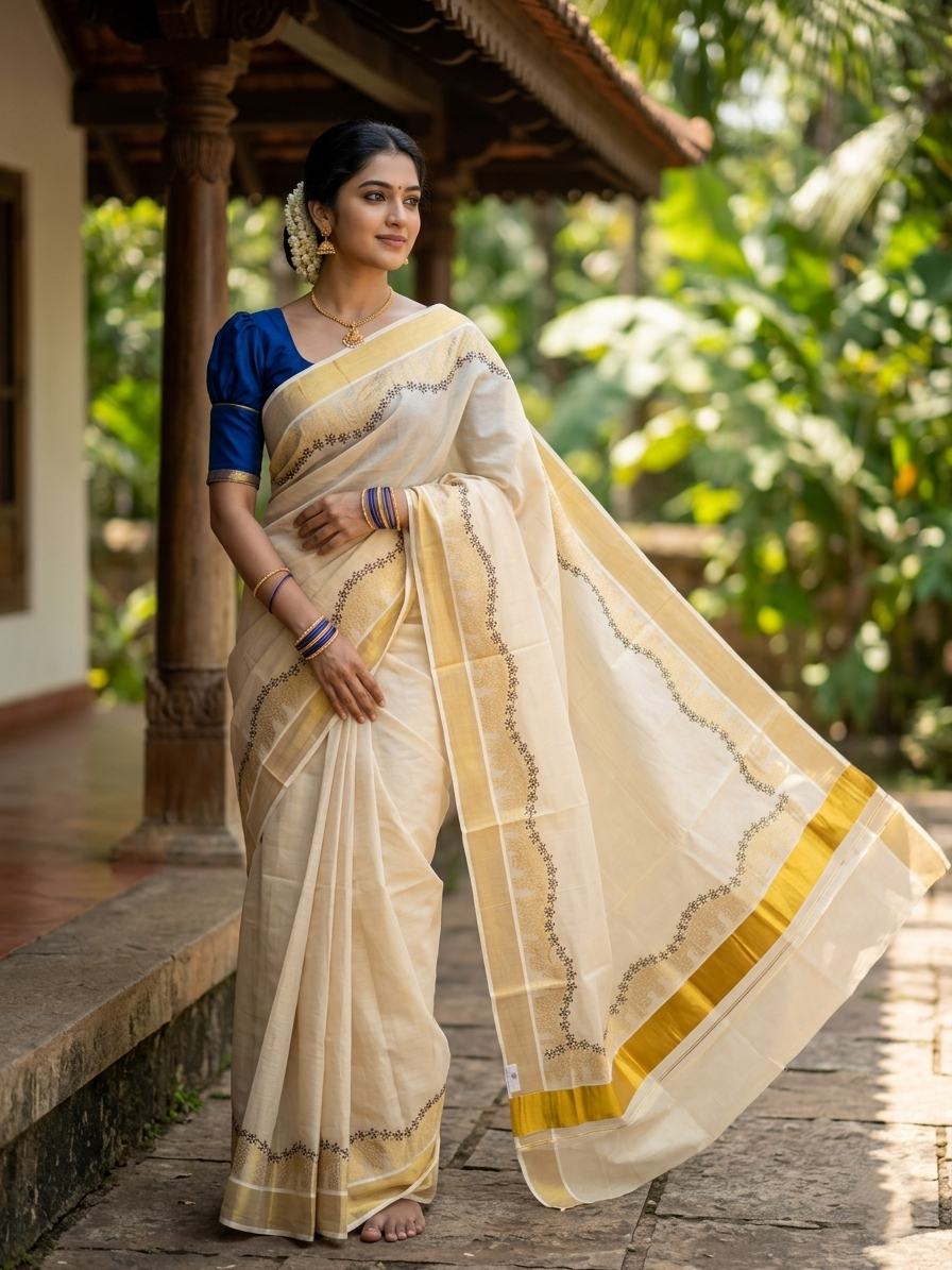 Southloom Tissue Kerala Kasavu Saree with Blue Floral  Embroidery Design