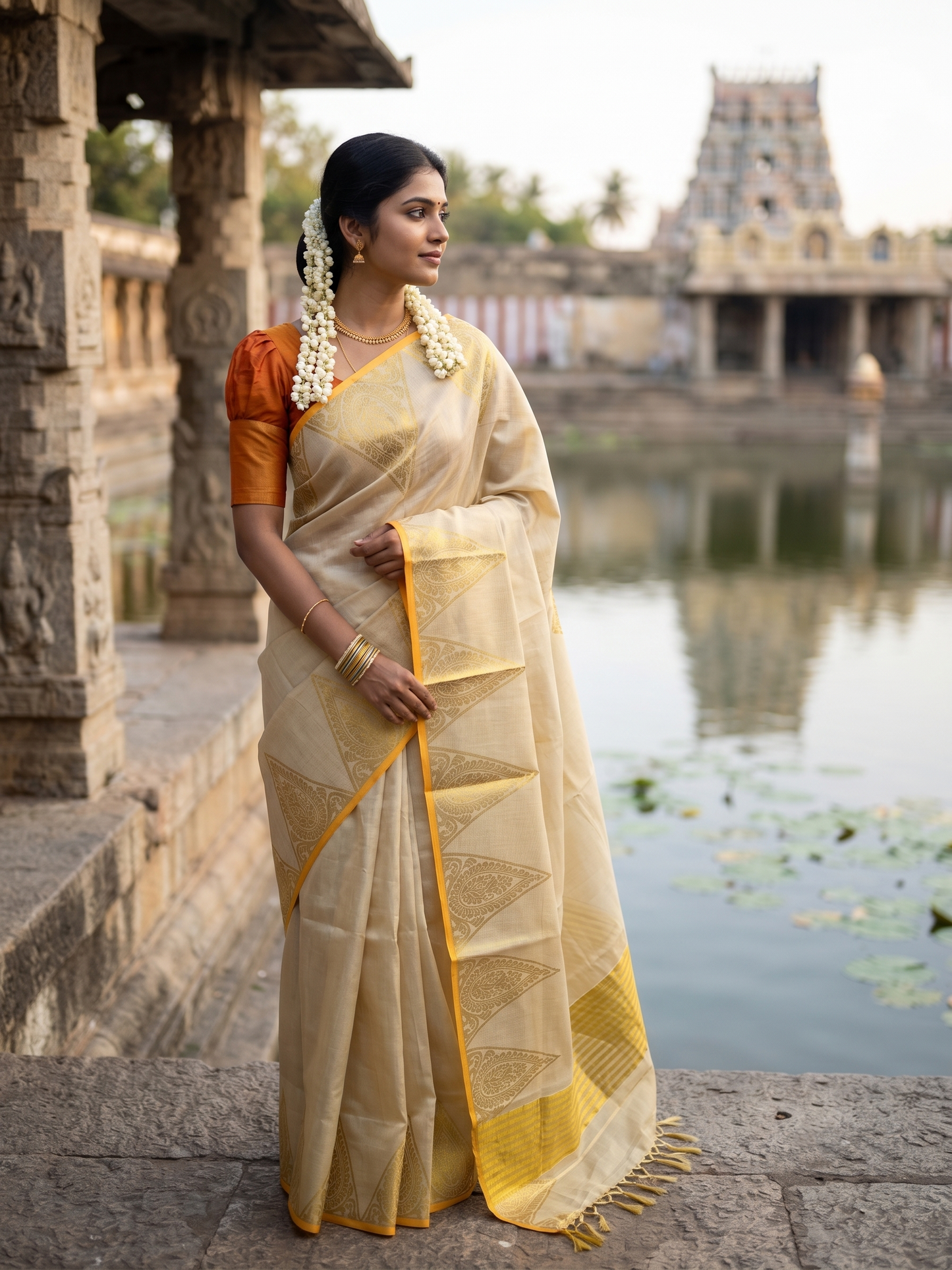 Southloom Tissue Kerala Kasavu Saree with  and Temple Border