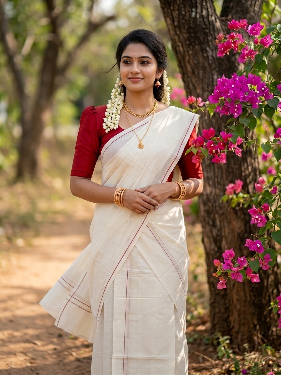 Kerala Cotton Mundum Neriyathum Single (Set Mundu) with Red Eerkkil Kara in 2.80 Mtrs