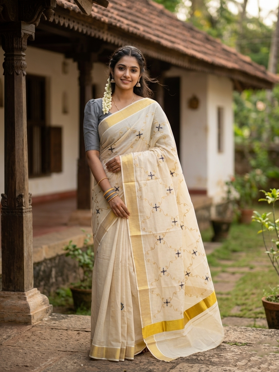 Southloom Tissue Kerala Kasavu Plain Saree with  Embroidery Designs on Body