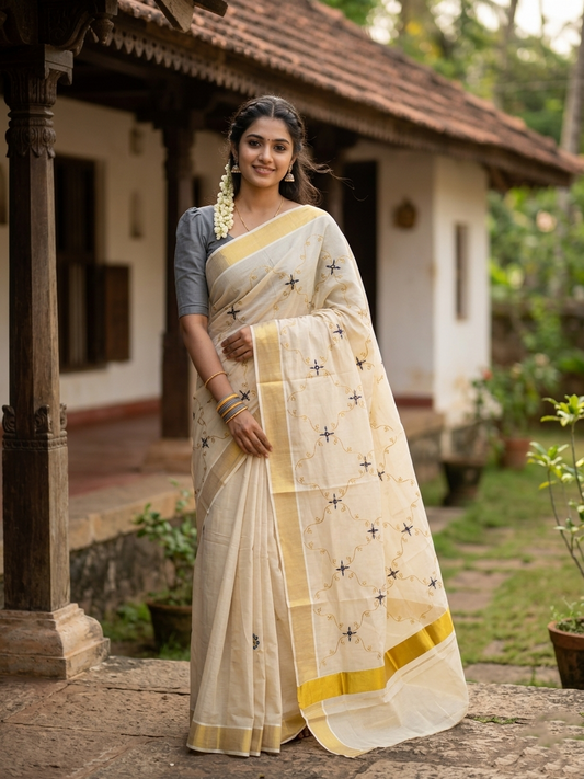 Southloom Tissue Kerala Kasavu Plain Saree with  Embroidery Designs on Body
