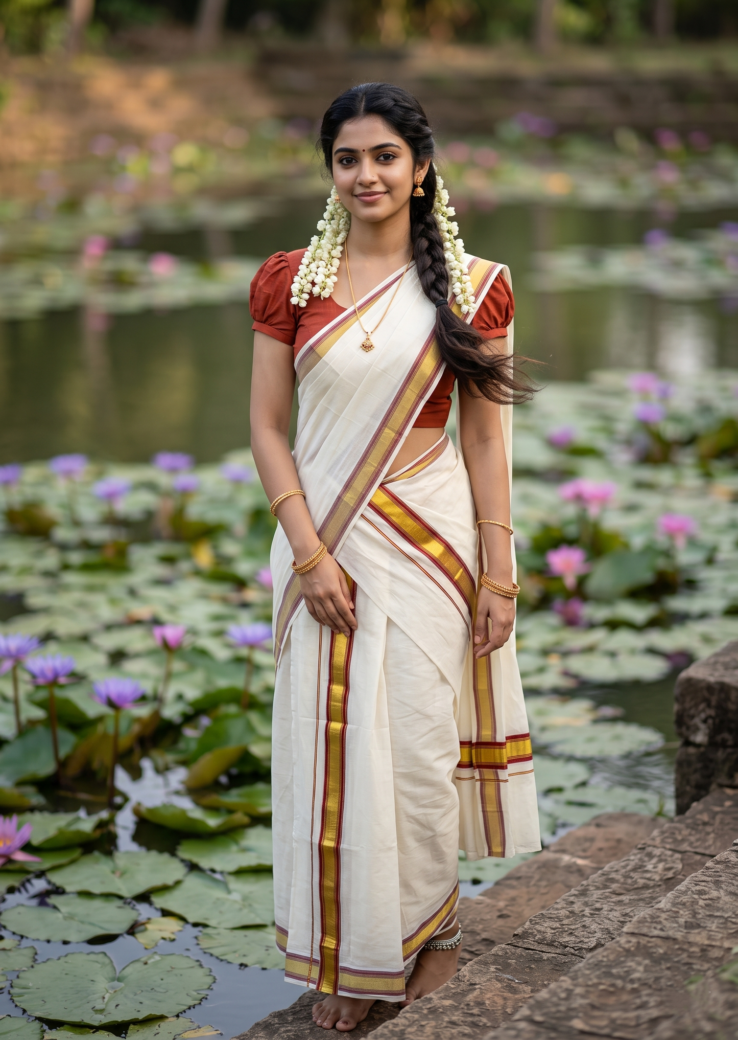 Kerala Cotton Set Mundu (Mundum Neriyathum) with Kasavu and Brick Red Border 2.80 Mtrs SLKK SL470