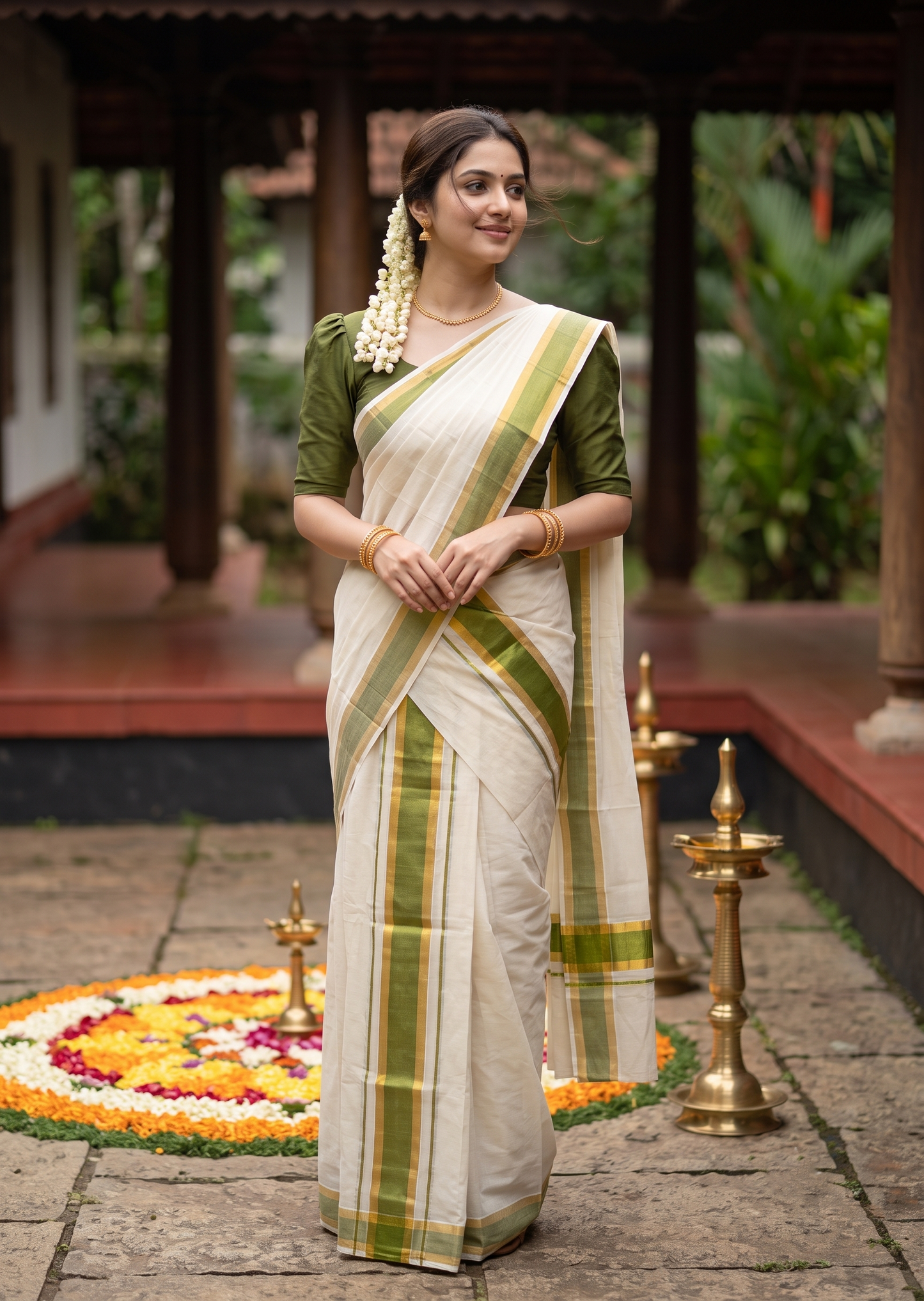 Southloom Kerala Cotton Mundum Neriyathum Single (Set Mundu) with Olive Green and Kasavu Border 2.80 Mtrs