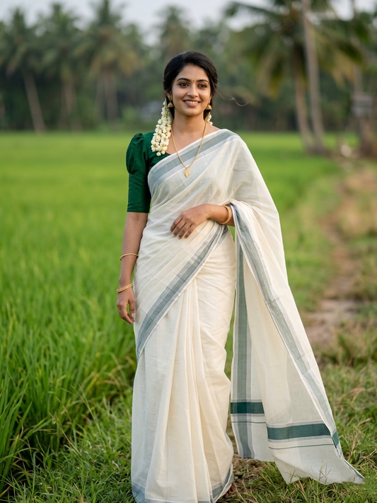 Pure Cotton Kerala Saree with Silver Kasavu and Green Woven Border
