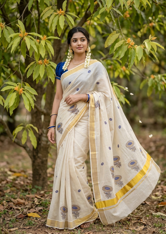 Southloom Kerala Tissue Kasavu Plain Saree with Blue &Gold Floral embroidery work
