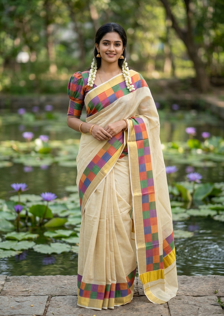 Southloom Kerala Tissue Kasavu Saree in Madras Check Design SL600