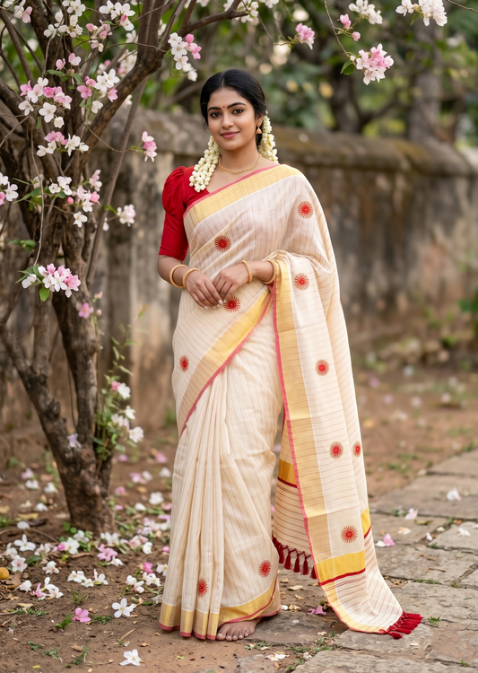 Southloom Kerala Tissue Kasavu Lines Saree with Embroidery Work on Body in Red