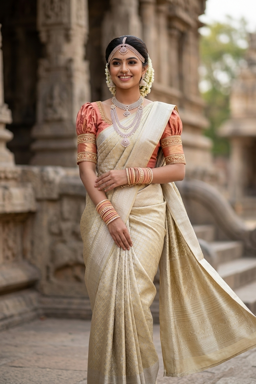 Southloom Brocade Bridal Silk Saree with Silver Zari Work in Beige Pastel Shade