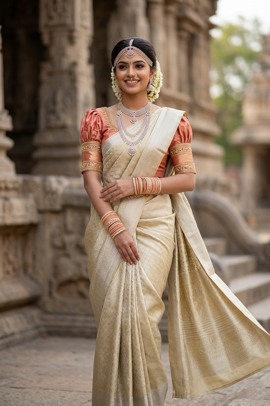 Southloom Brocade Bridal Silk Saree with Silver Zari Work in Beige Pastel Shade