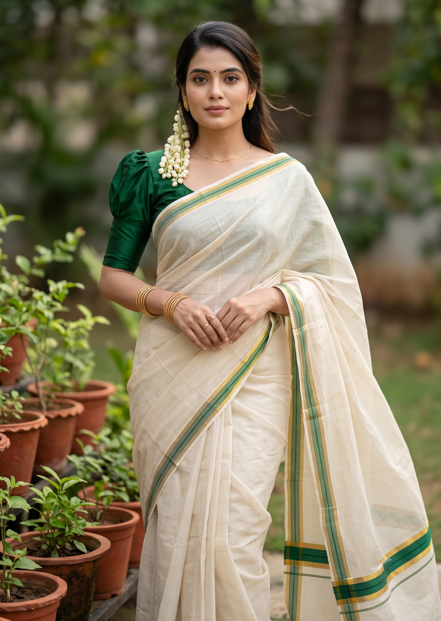 Southloom Kerala Pure Cotton Plain Saree with Kasavu and Green Border