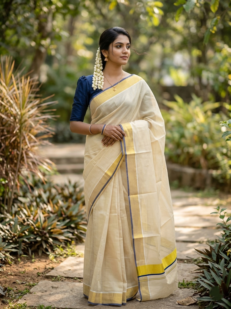 Southloom Kerala Tissue Kasavu Plain Saree With Blue Border