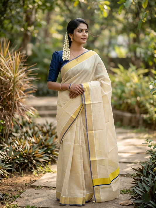 Southloom Kerala Tissue Kasavu Plain Saree With Blue Border