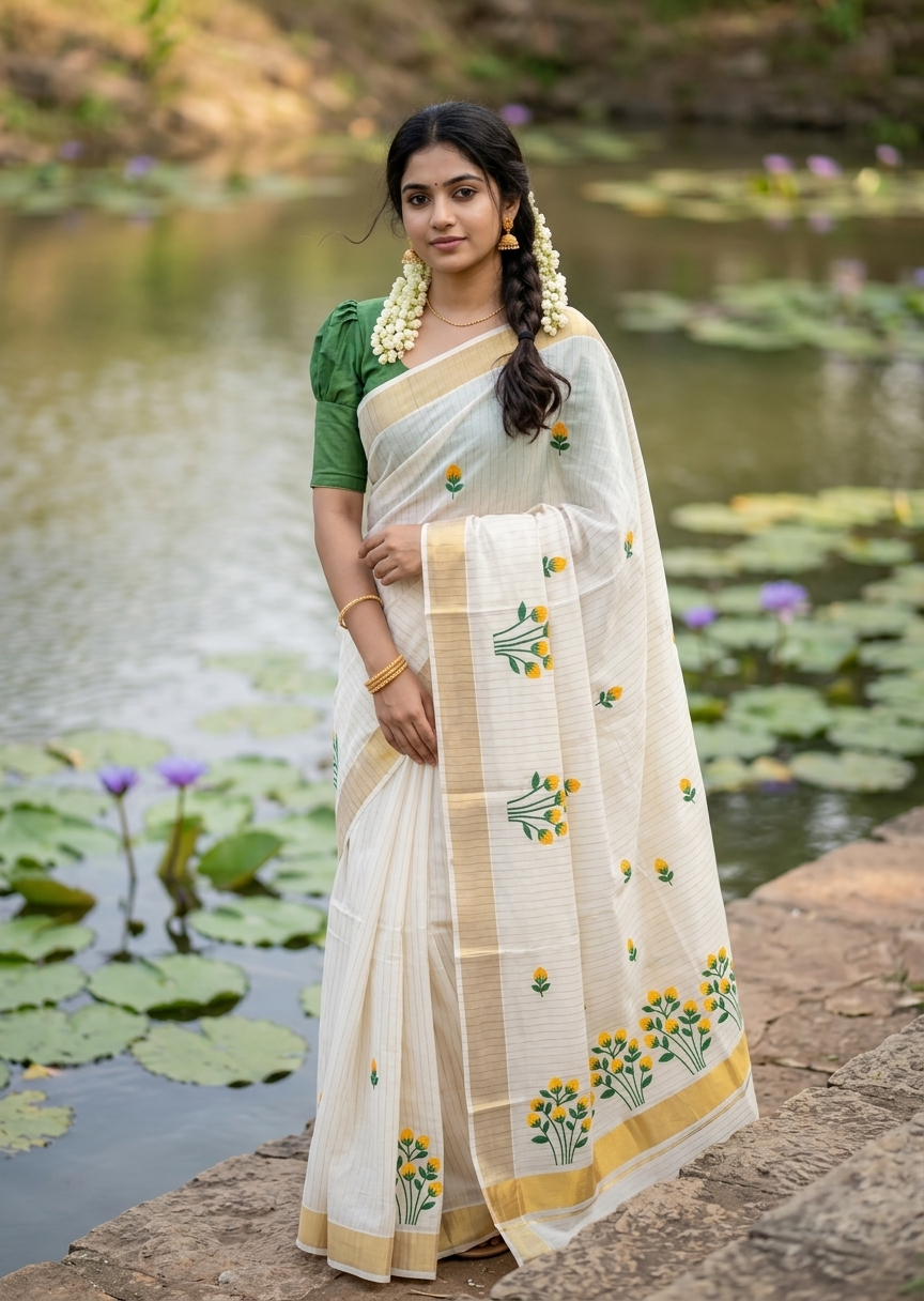 Southloom Kerala Cotton Kasavu Stripes Saree with Floral Embroidery Design in Yellow