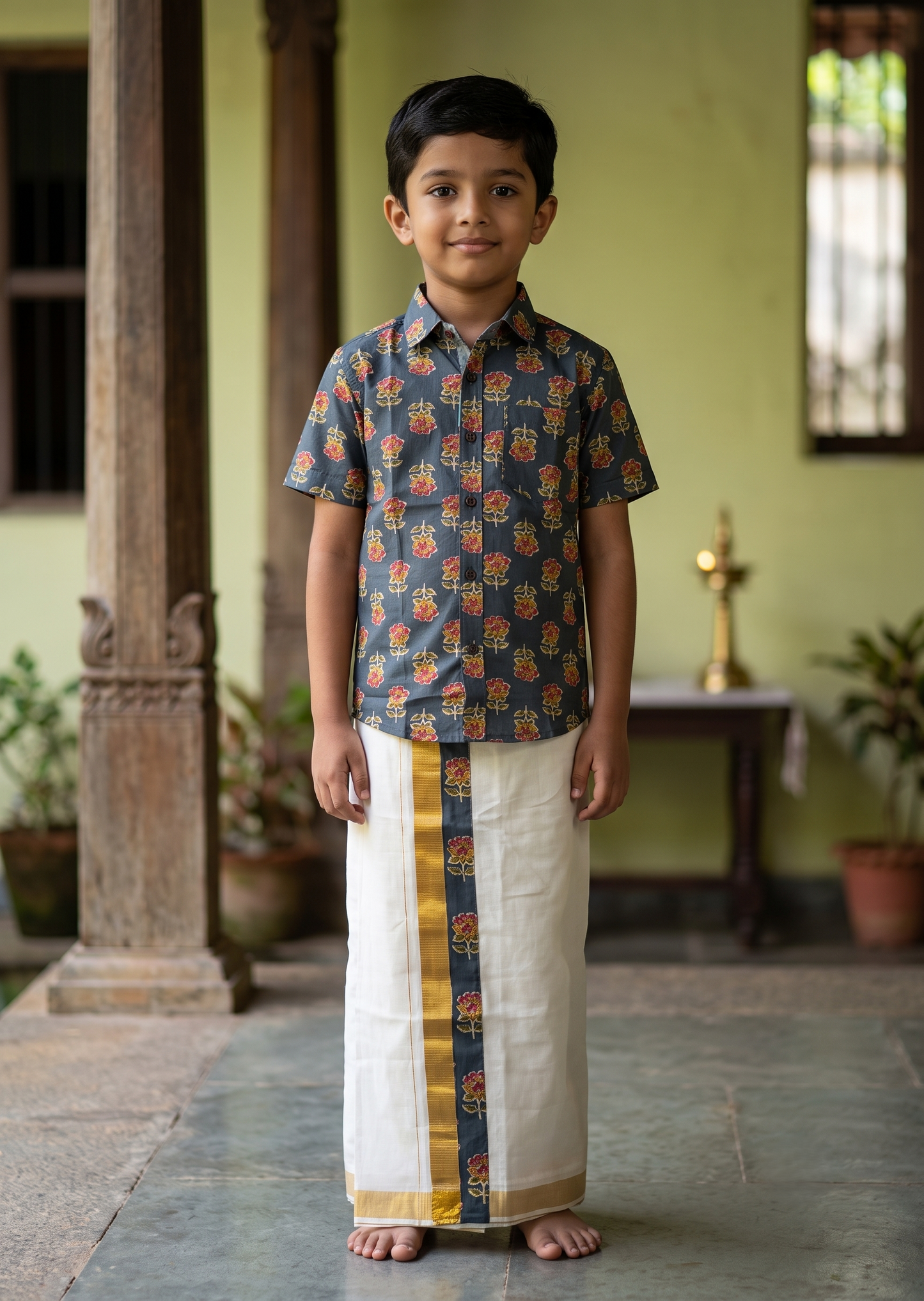 Southloom Cotton Floral Printed Kids's Combo (Shirt + Velcro Mundu) SLKCOMBO