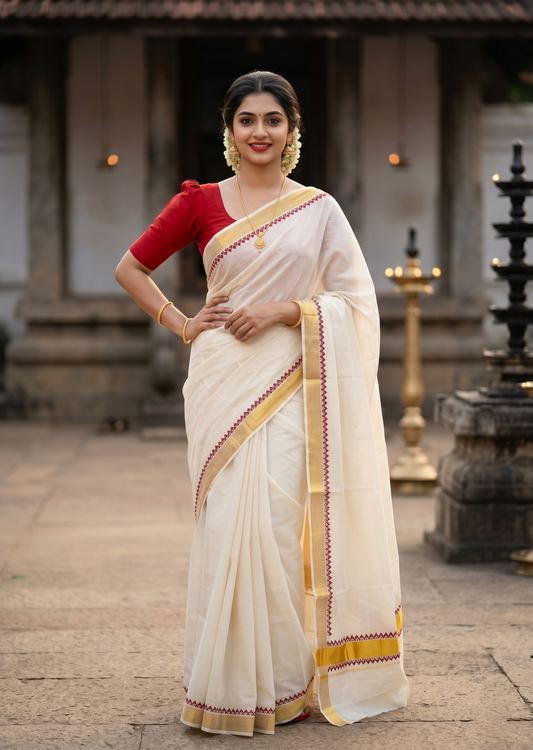 Southloom Cotton Kerala Kasavu Saree with Red Block Printed Design