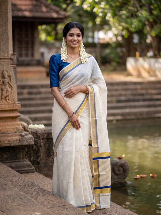 Southloom Kerala Pure Cotton Saree with Stripes on Body and Borders in Blue SL334