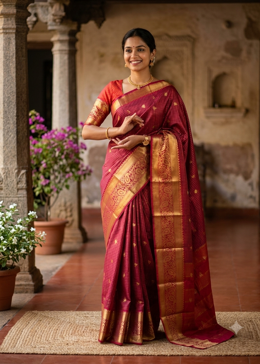 Maroon and Red Semi Silk Saree With Check Design On Body SL634