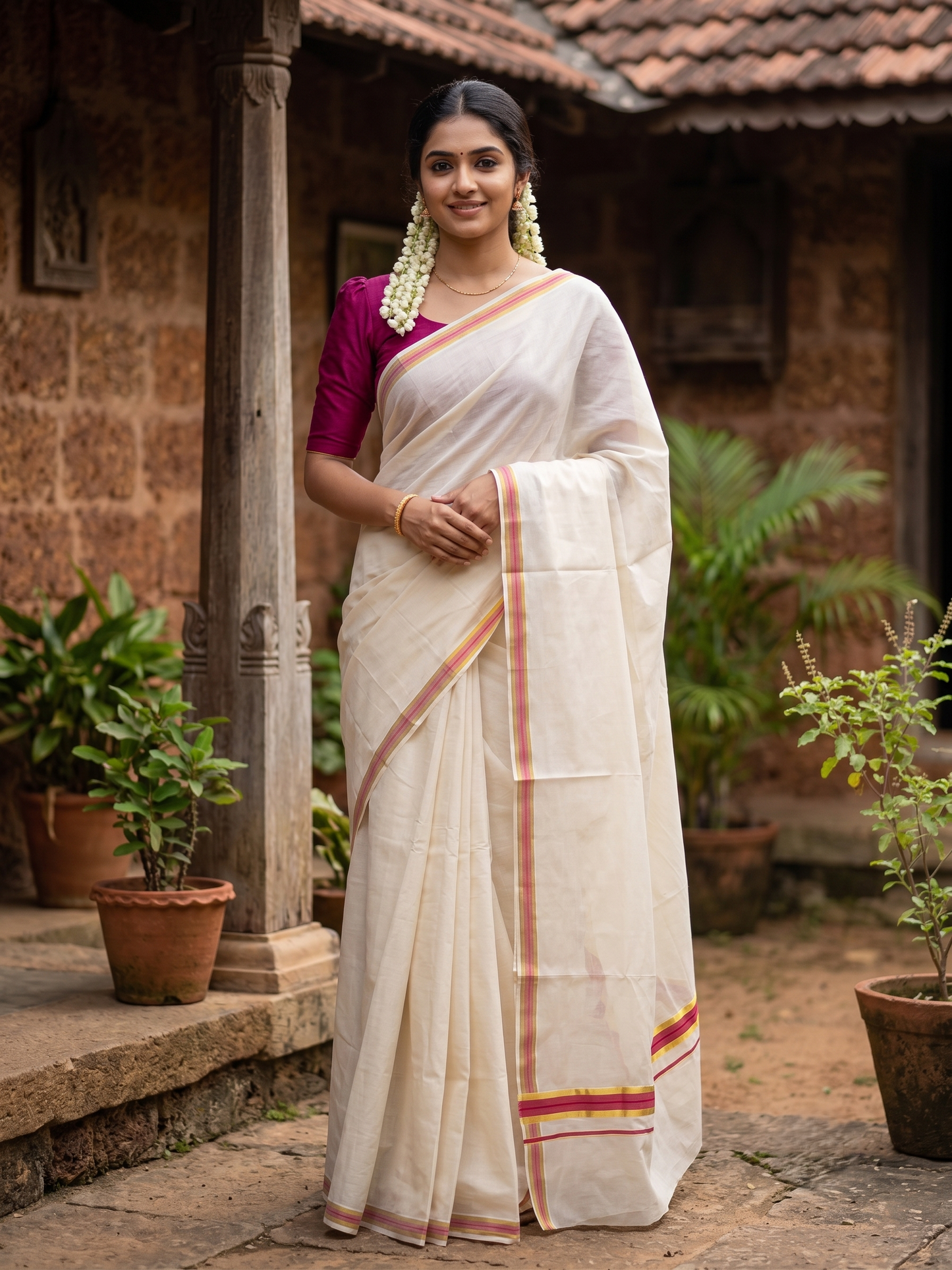 Southloom Pure Cotton Kerala Saree with Kasavu and Magenta Border