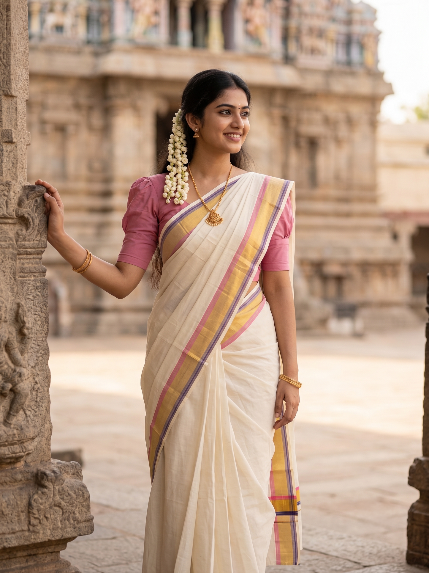 Southloom Kerala Cotton Kasavu Saree with Blue And Pink Border