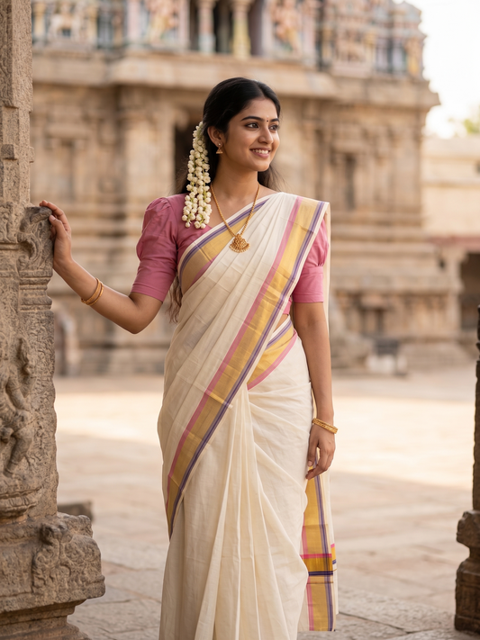 Southloom Kerala Cotton Kasavu Saree with Blue And Pink Border