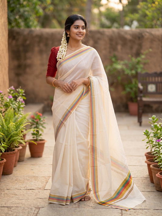 Southloom Kerala Cotton Kasavu Saree with Micro Check Design on Body in Red & Peacock Green Border
