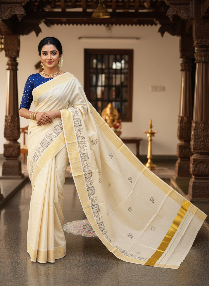 Southloom Tissue  Kerala Kasavu Saree with Elephant Embroidery Design in Blue