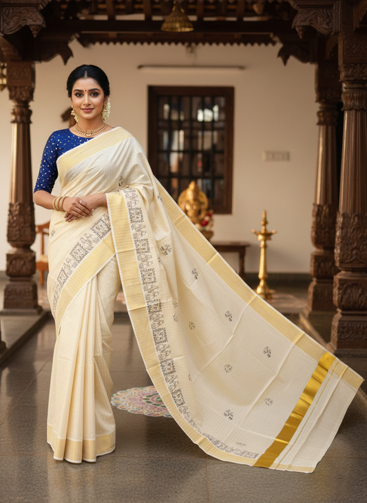 Southloom Tissue Kerala Kasavu Saree with Elephant Embroidery Design in Blue